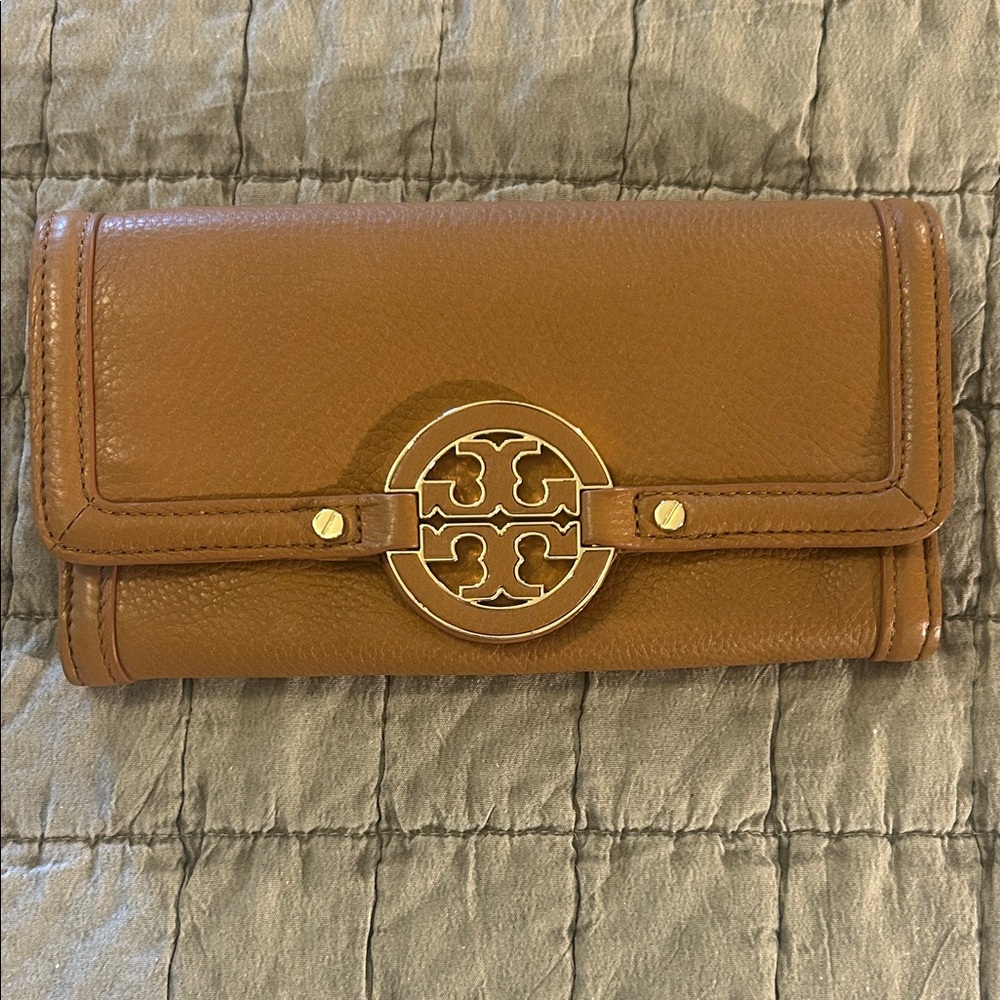 Tory Burch Cognac Leather Continental Wallet with Gold Logo